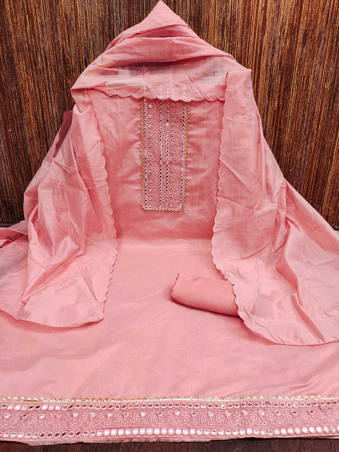 

KALINI Floral Embroidered Mirror Work Unstitched Dress Material, Pink