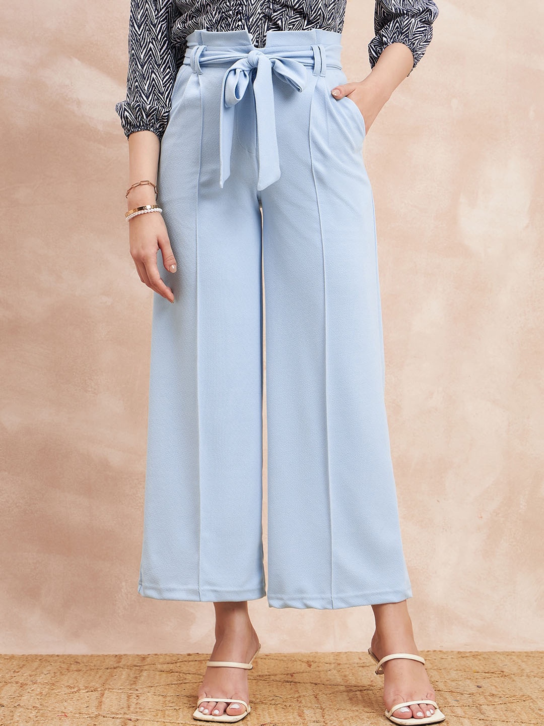 

all about you Women Comfort Flared High-Rise Pleated Parallel Trousers, Blue