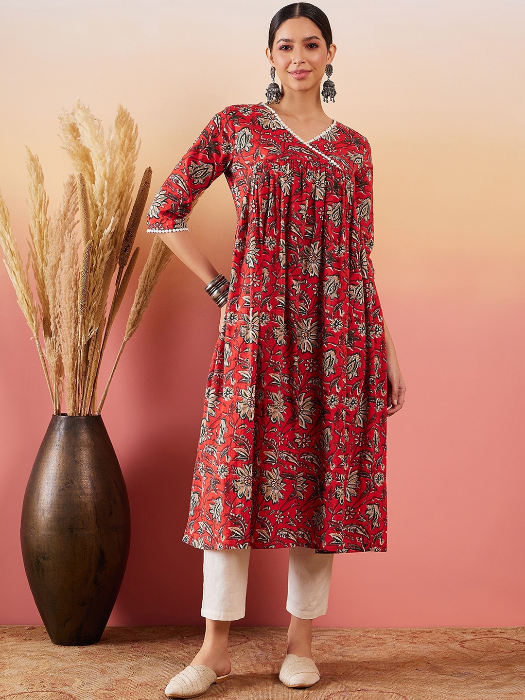 

InWeave Ethnic Motifs Printed Flared Sleeves Gotta Patti Angrakha Kurta, Red