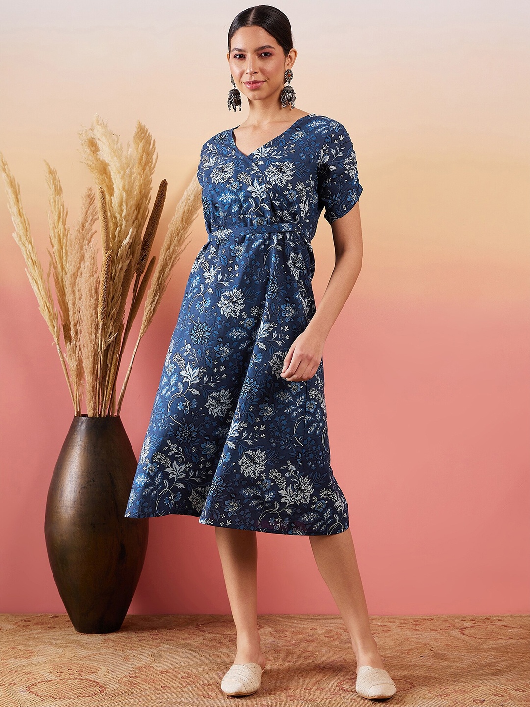 

InWeave Floral Printed Cotton A-Line Dress, Blue