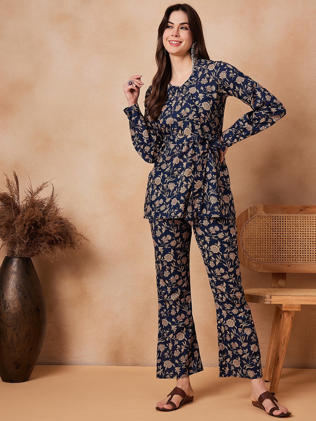 

InWeave Printed Pure Cotton Top With Trousers And Belt Co-Ords, Navy blue