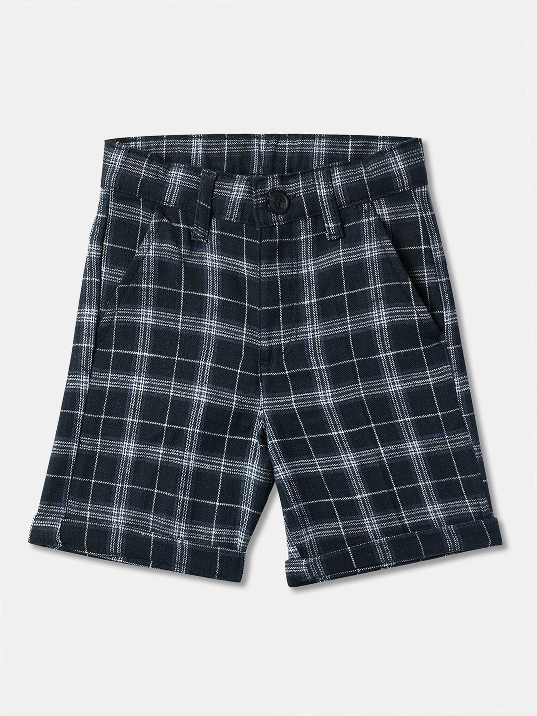 

R&B Boys Checked Mid-Rise Cotton Shorts, Blue