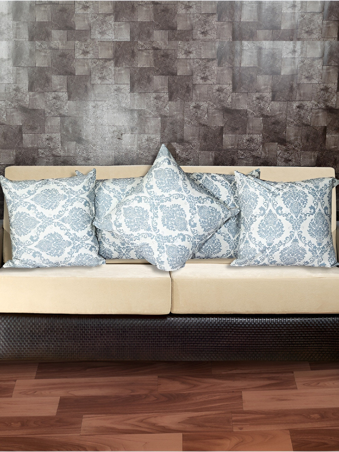 

INDHOME LIFE Blue & White 5 Pieces Ethnic Motifs Reversible Cotton Square Cushion Covers