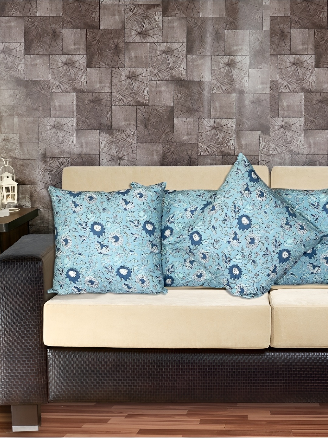 

INDHOME LIFE Blue & Green 5 Pieces Floral Printed Reversible Square Cushion Covers