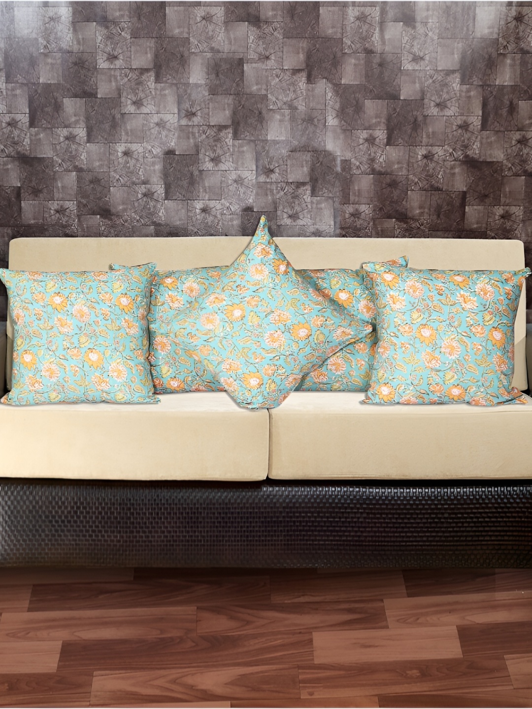 

INDHOME LIFE Blue & Yellow 5 Pieces Floral Cotton Square Cushion Covers