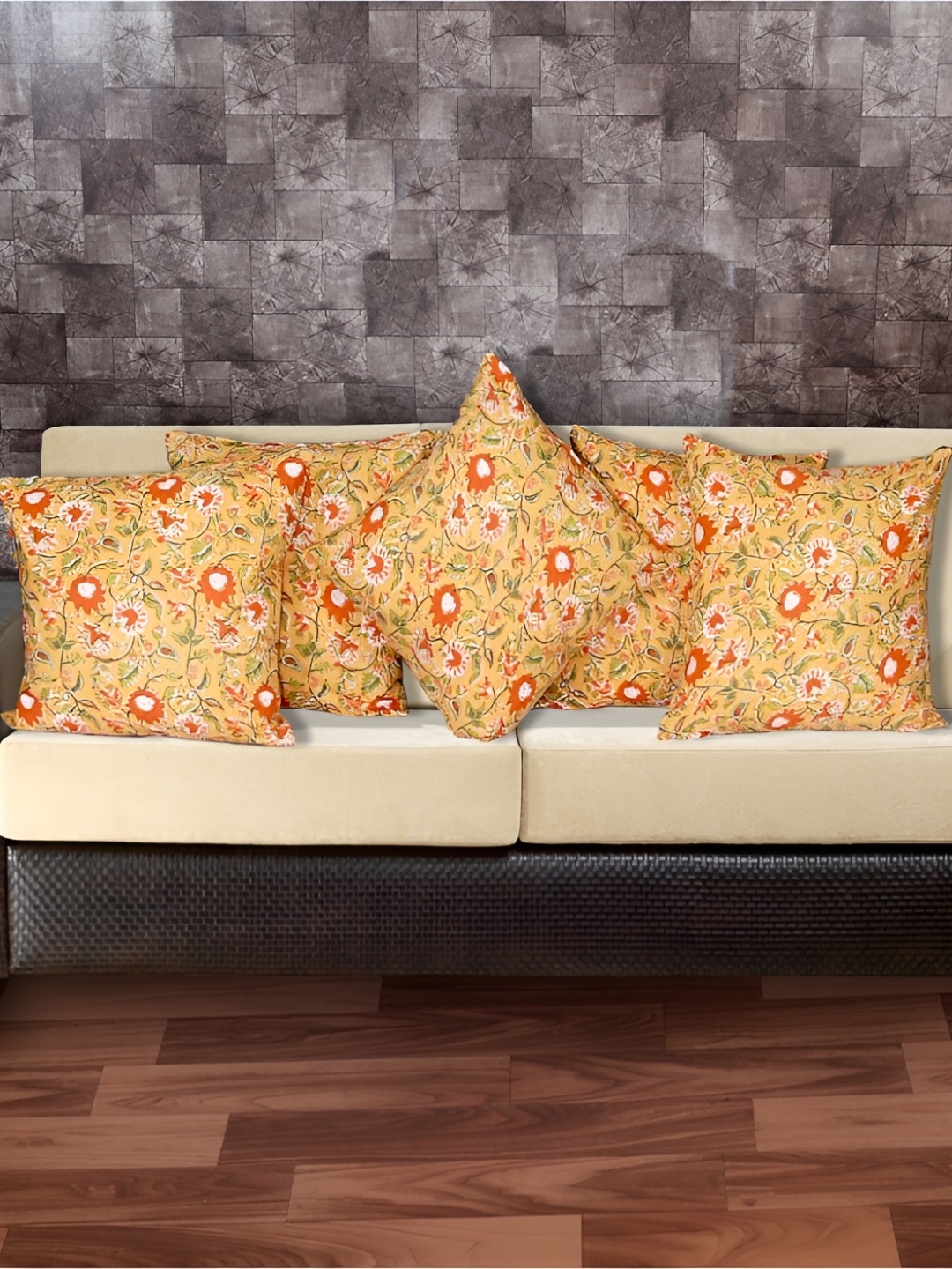 

INDHOME LIFE Orange & Red 5 Pieces Floral Cotton Square Cushion Covers