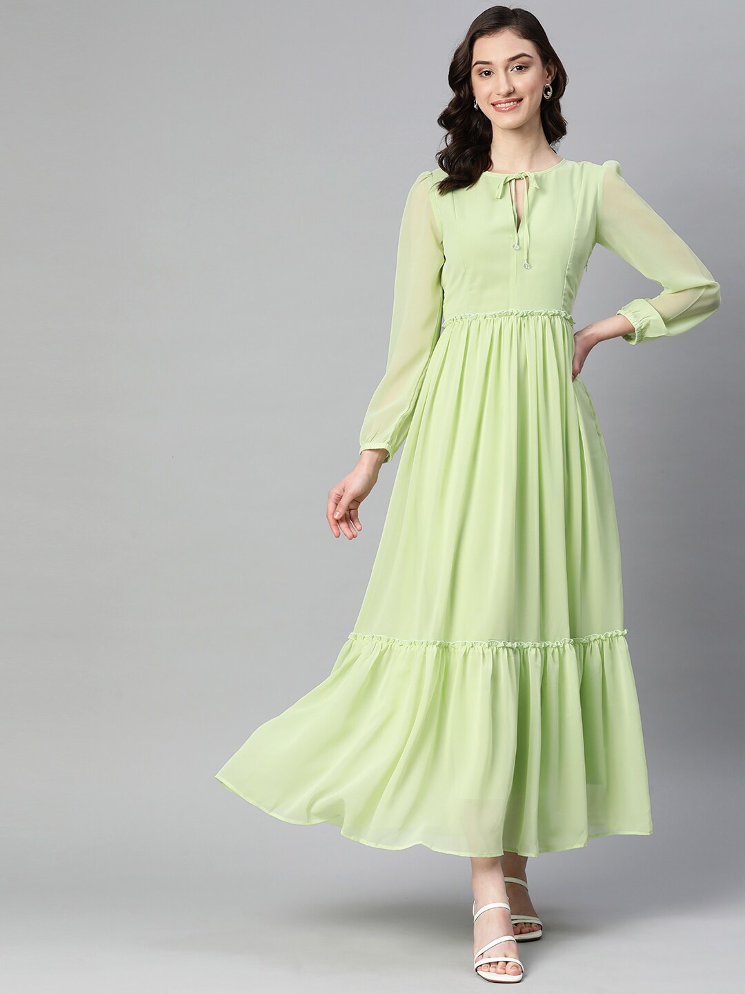 

Purple State Tie Up Neck Puff Sleeve Maxi Dress, Green