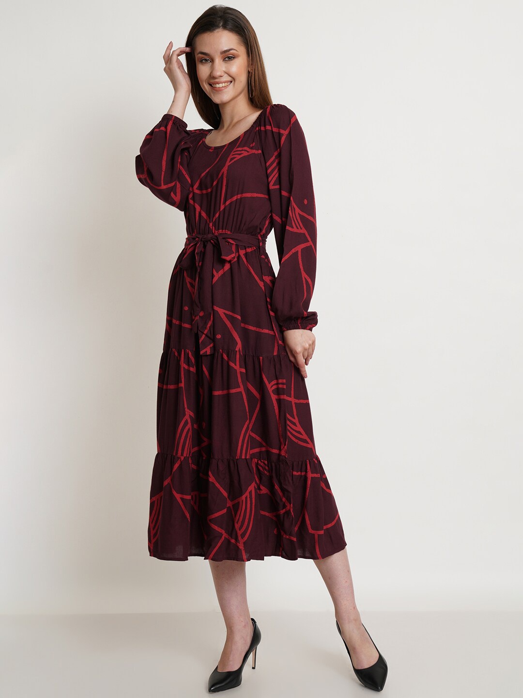 

Purple State Abstract Printed Puff Sleeves Gathered Detail Fit & Flare Dress With Belt, Maroon