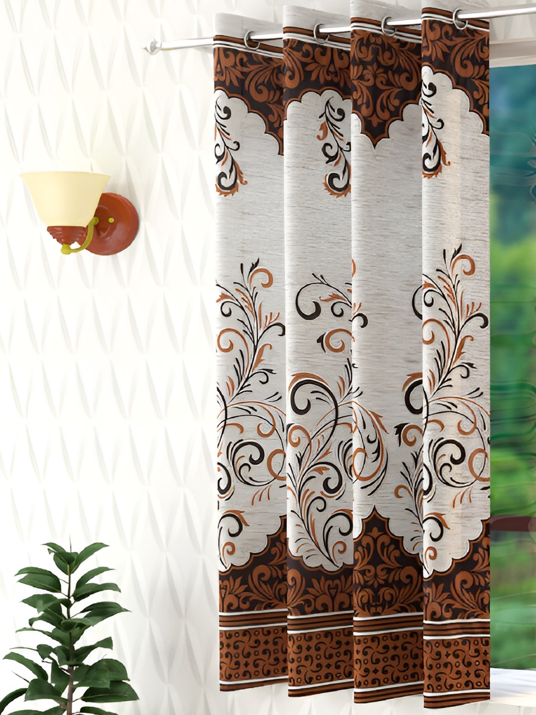 

Panipat Textile Hub Brown & White 2 Pieces Floral Eyelet Window Curtains