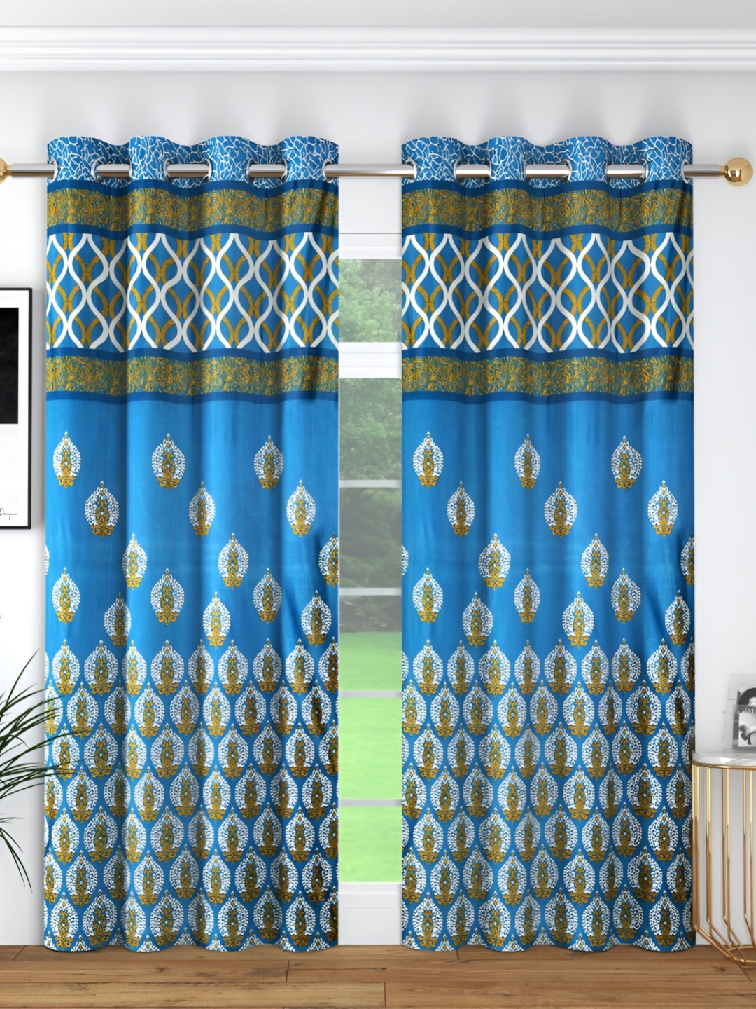 

Panipat Textile Hub Blue & Yellow 2 Pieces Ethnic Motifs Room Darkening Long Door Curtain