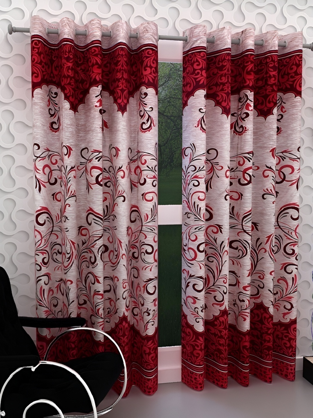 

Panipat Textile Hub Maroon & White 2 Pieces Floral Long Door Curtains