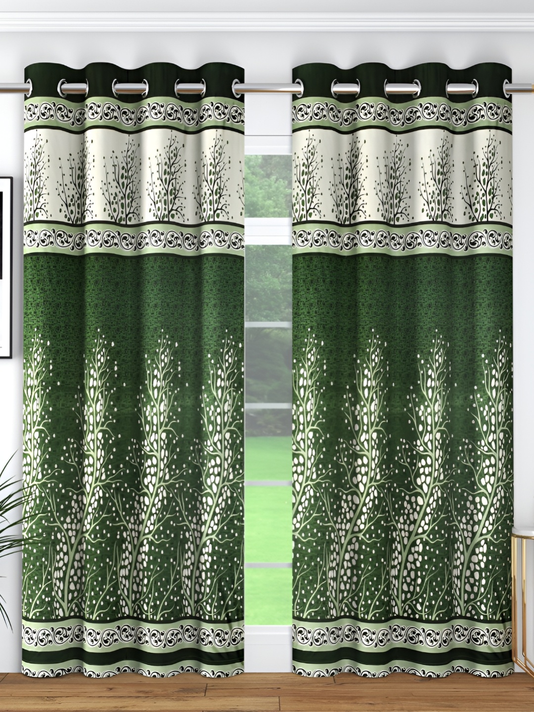 

Panipat Textile Hub Green & White 2 Pcs Floral Printed Room Darkening Long Door Curtains