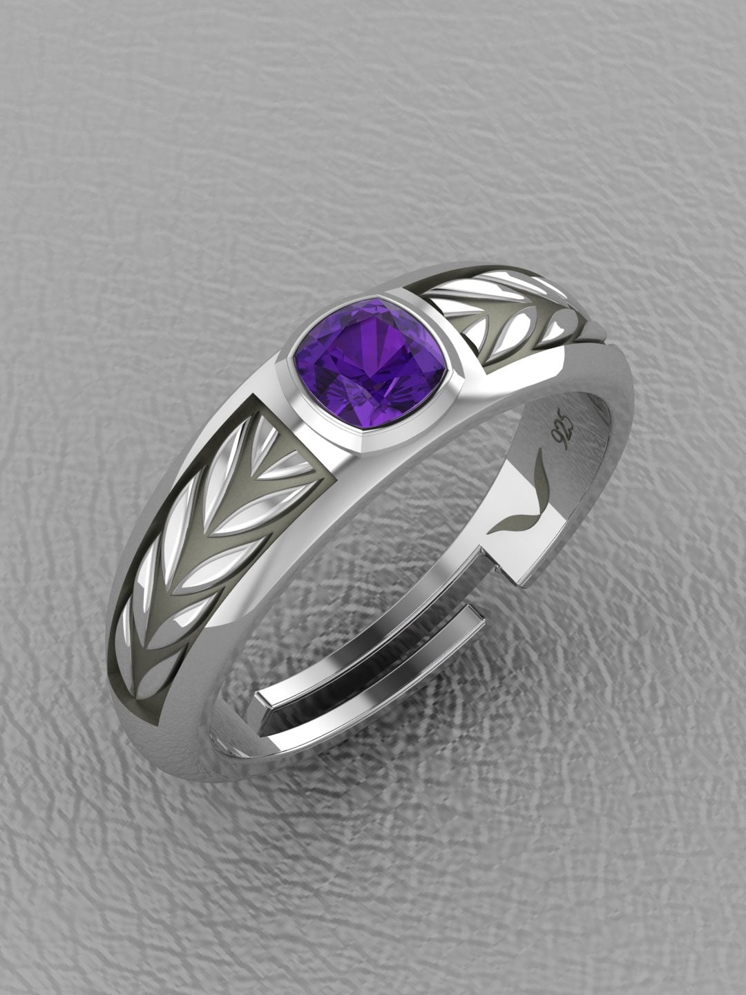 

Vitra Jewellery Men 925 Sterling Silver Rhodium-Plated Amethyst Adjustable Finger Ring