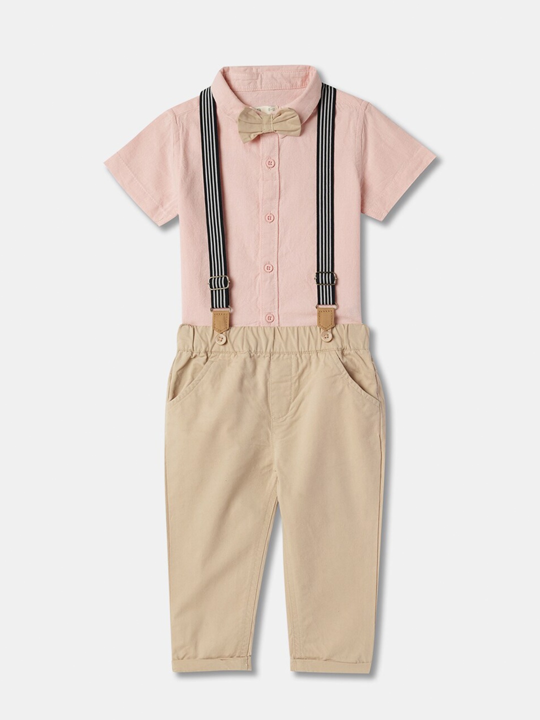 

R&B Boys Pure Cotton Shirt & Trousers With Suspenders & Bow, Pink