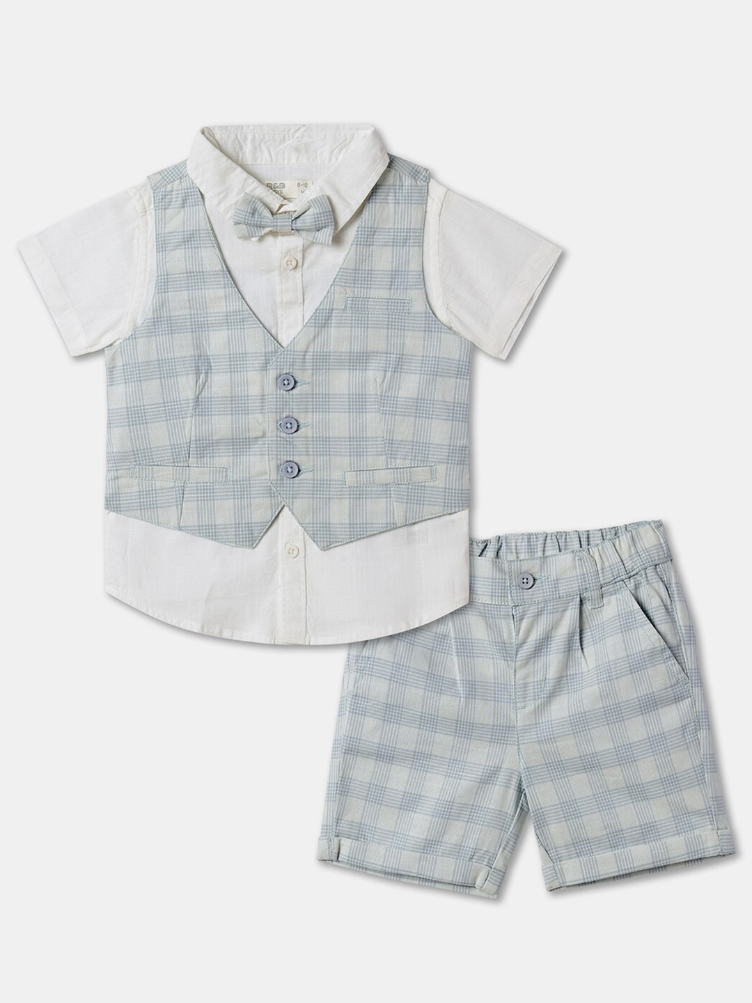 

R&B Boys Checked Pure Cotton Shirt with Shorts & Waistcoat, White