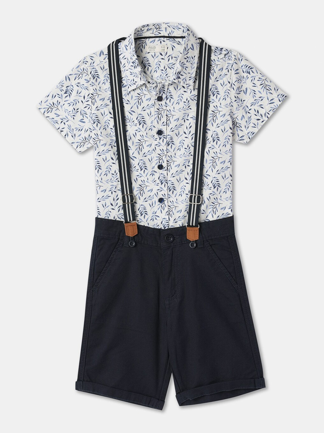 

R&B Boys Floral Printed Pure Cotton Shirt with Shorts With Suspenders, Navy blue