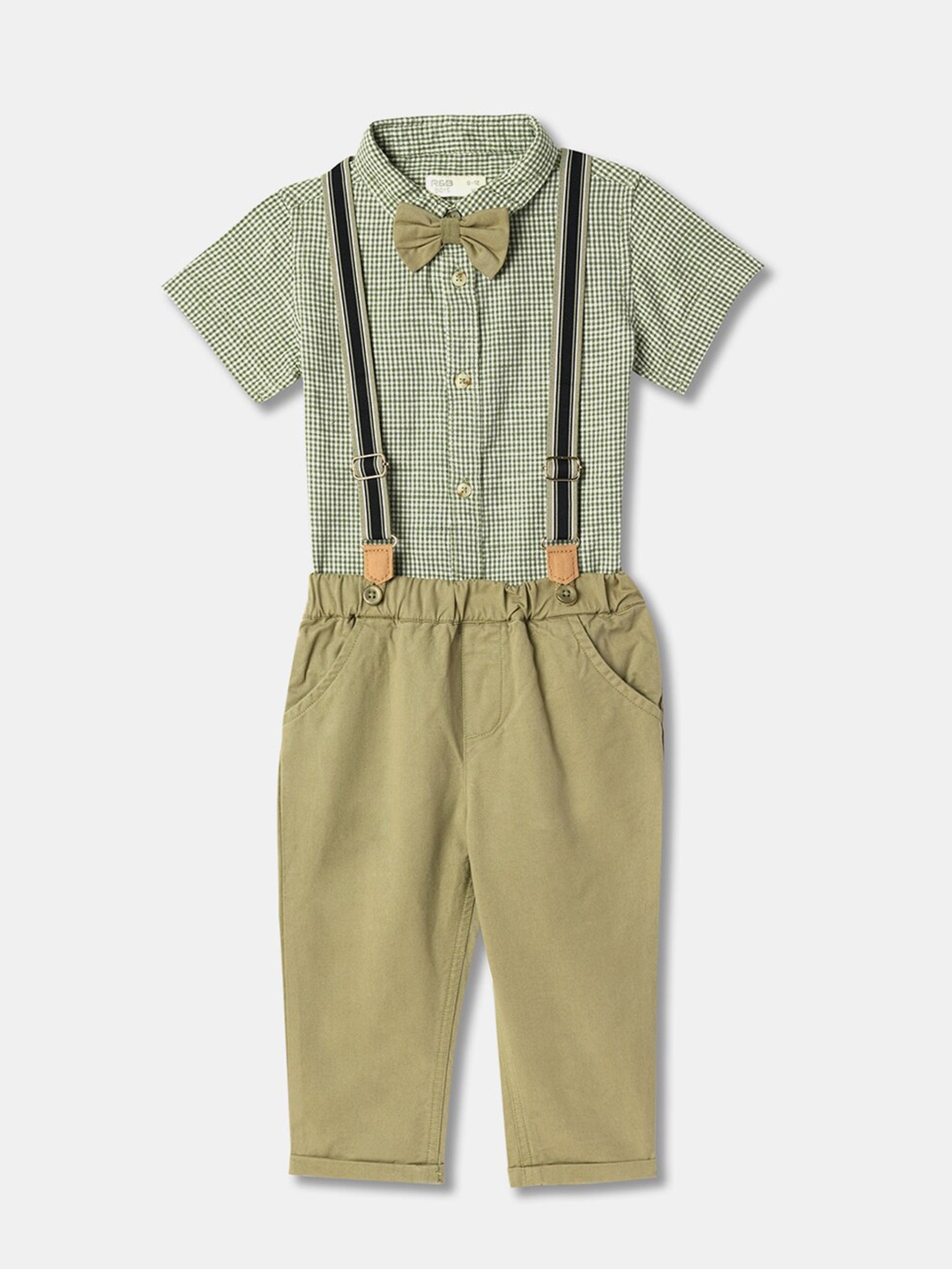 

R&B Boys Checked Pure Cotton Shirt & Trousers With Suspenders & Bow, Olive