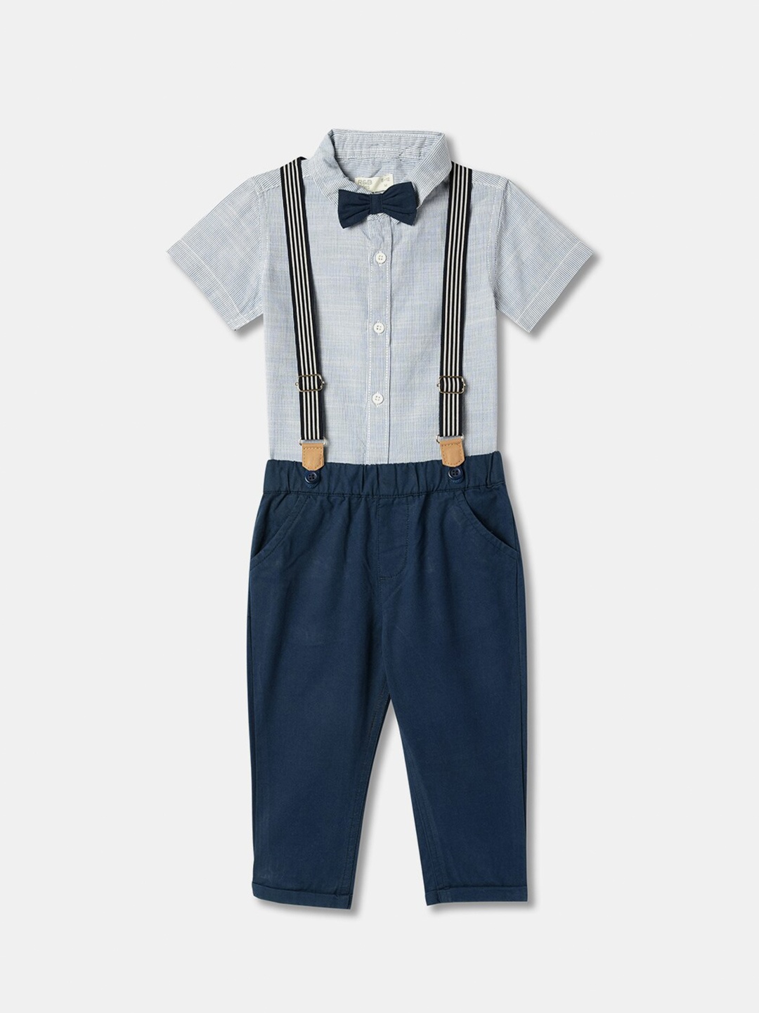 

R&B Boys Striped Pure Cotton Shirt & Trousers With Suspenders & Bow, Navy blue