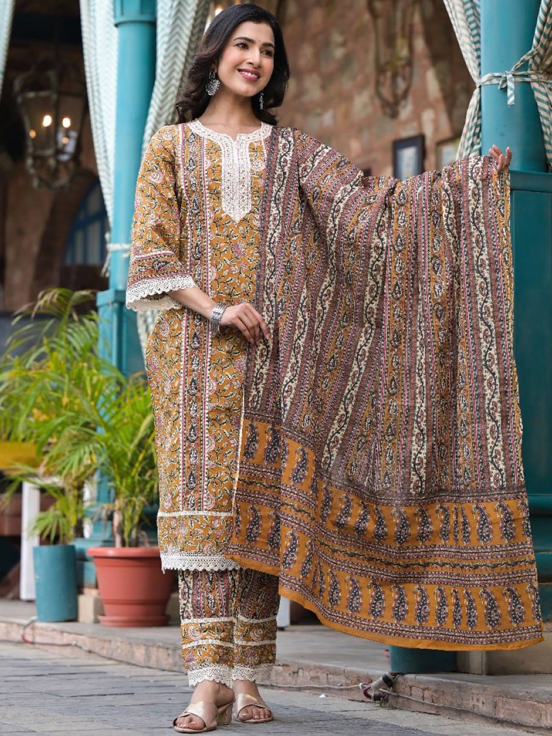 

Varanga Floral Printed Regular Mirror Work Pure Cotton Kurta with Trousers & Dupatta, Mustard
