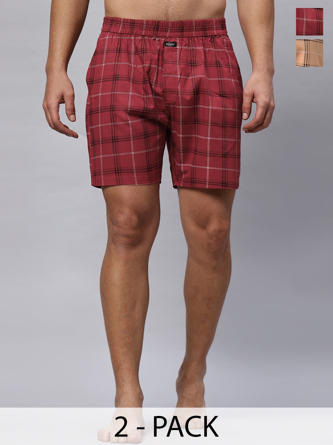 

The Roadster Lifestyle Co. Red & Beige Pack Of 2 Checked Pure Cotton Boxers RD-H-127