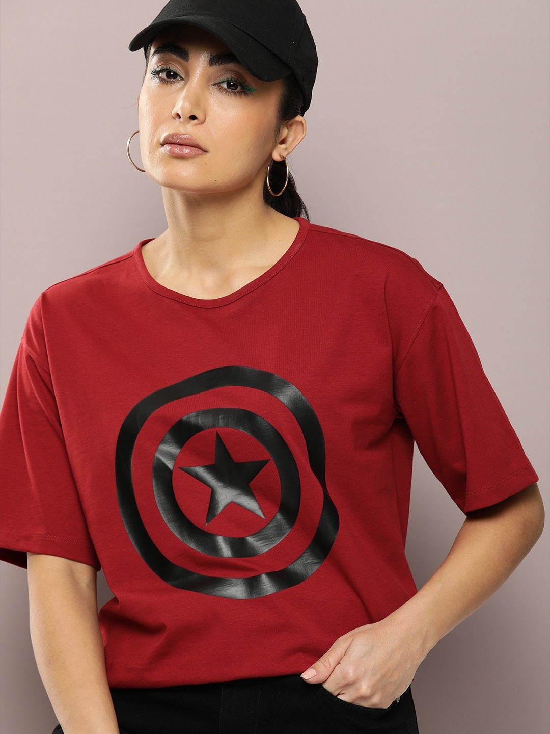 

Kook N Keech Women Captain America Printed Drop-Shoulder Sleeves Pure Cotton T-shirt, Red