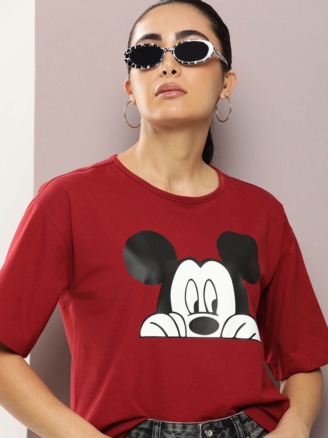 

Kook N Keech Mickey Mouse Printed Drop-Shoulder Sleeves Pure Cotton T-shirt, Red