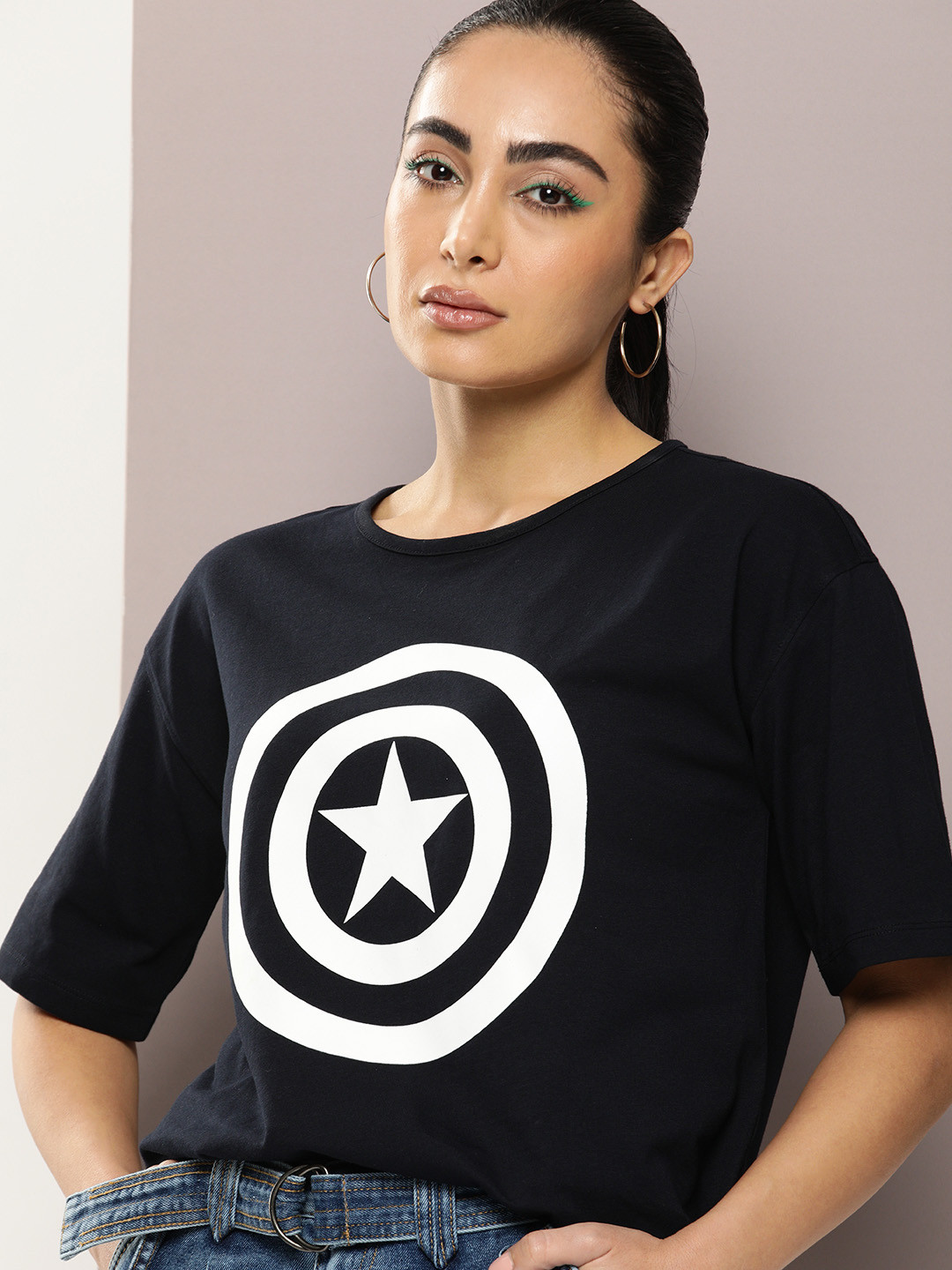 

Kook N Keech Captain America Printed Drop-Shoulder Sleeves Pure Cotton T-shirt, Navy blue