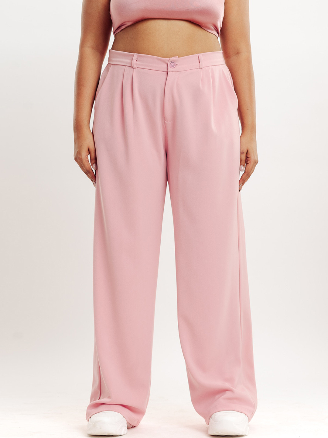 

FREAKINS Women Relaxed Straight Leg Straight Fit High-Rise Pleated Parallel Trousers, Pink