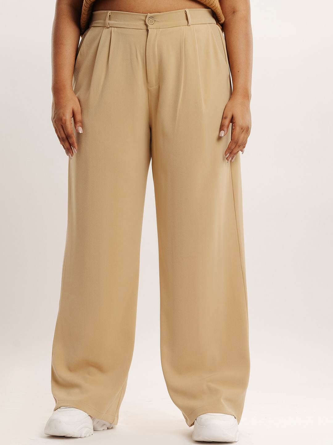 

FREAKINS Women Relaxed Straight Leg Straight Fit Pleated Parallel Trousers, Cream