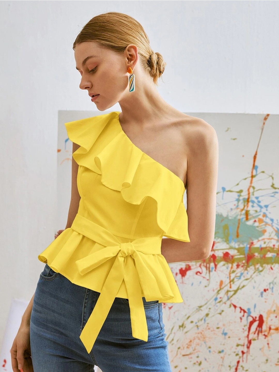 

Stylecast X Slyck One Shoulder Cotton Cinched Waist Top, Yellow