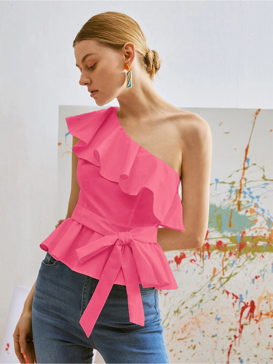

Stylecast X Slyck Pink One Shoulder Cotton Cinched Waist Top