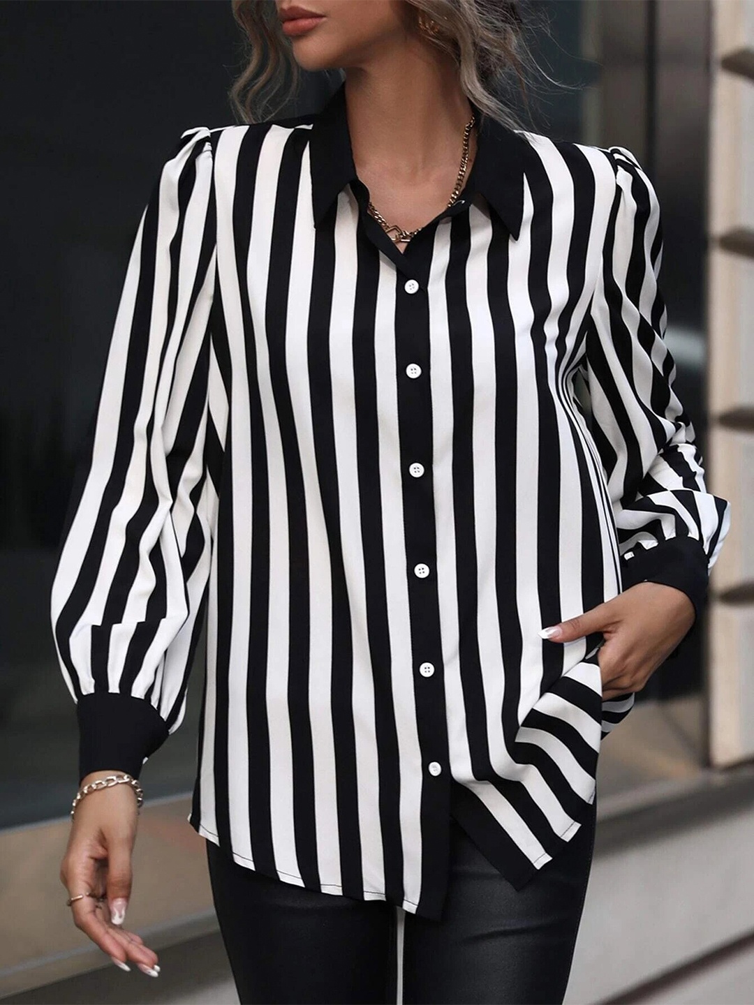 

Stylecast X Slyck Striped Cuffed Sleeves Shirt Style Top, Black