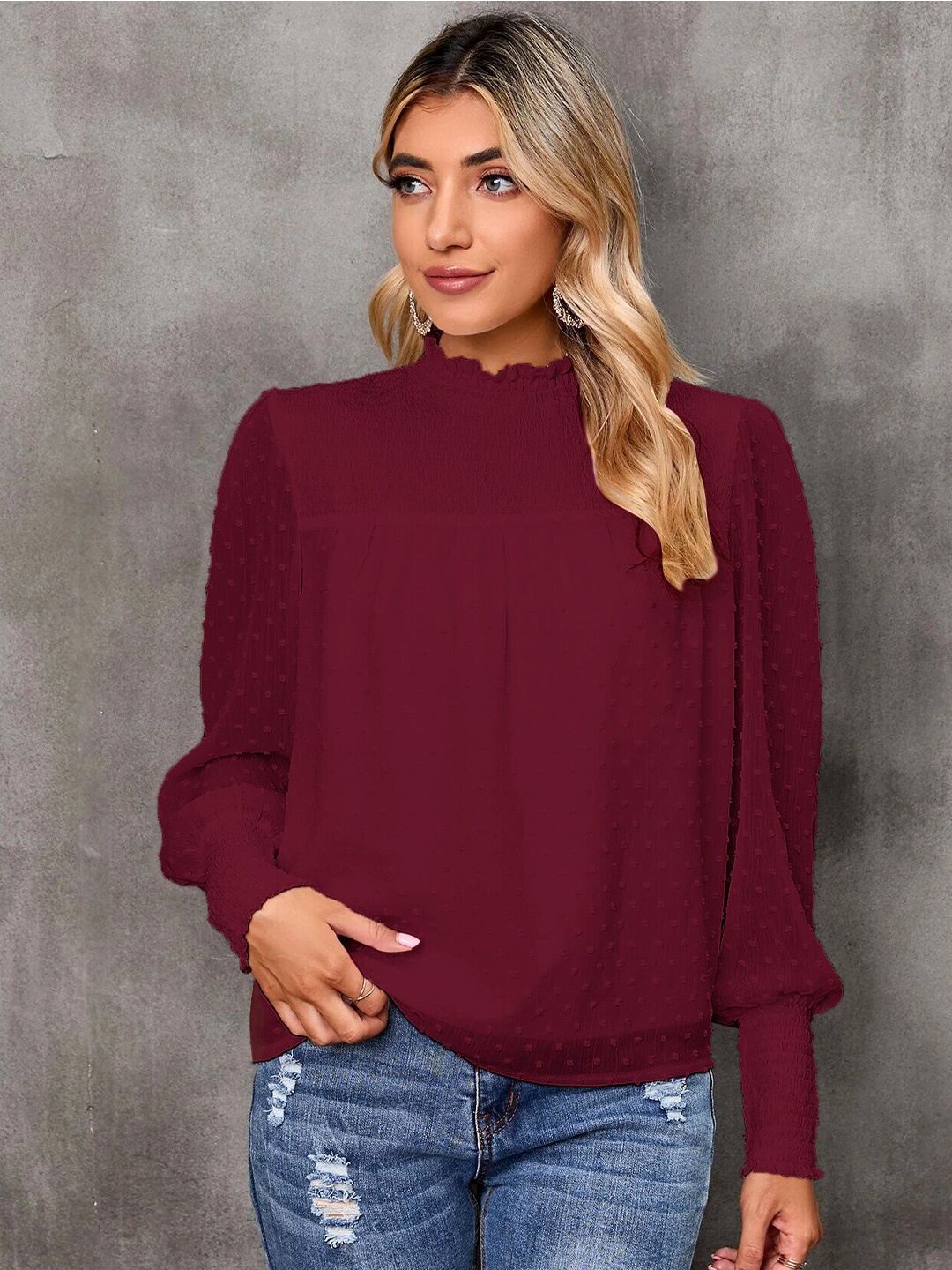 

Stylecast X Slyck High Neck Cuffed Sleeves Opaque Top, Maroon