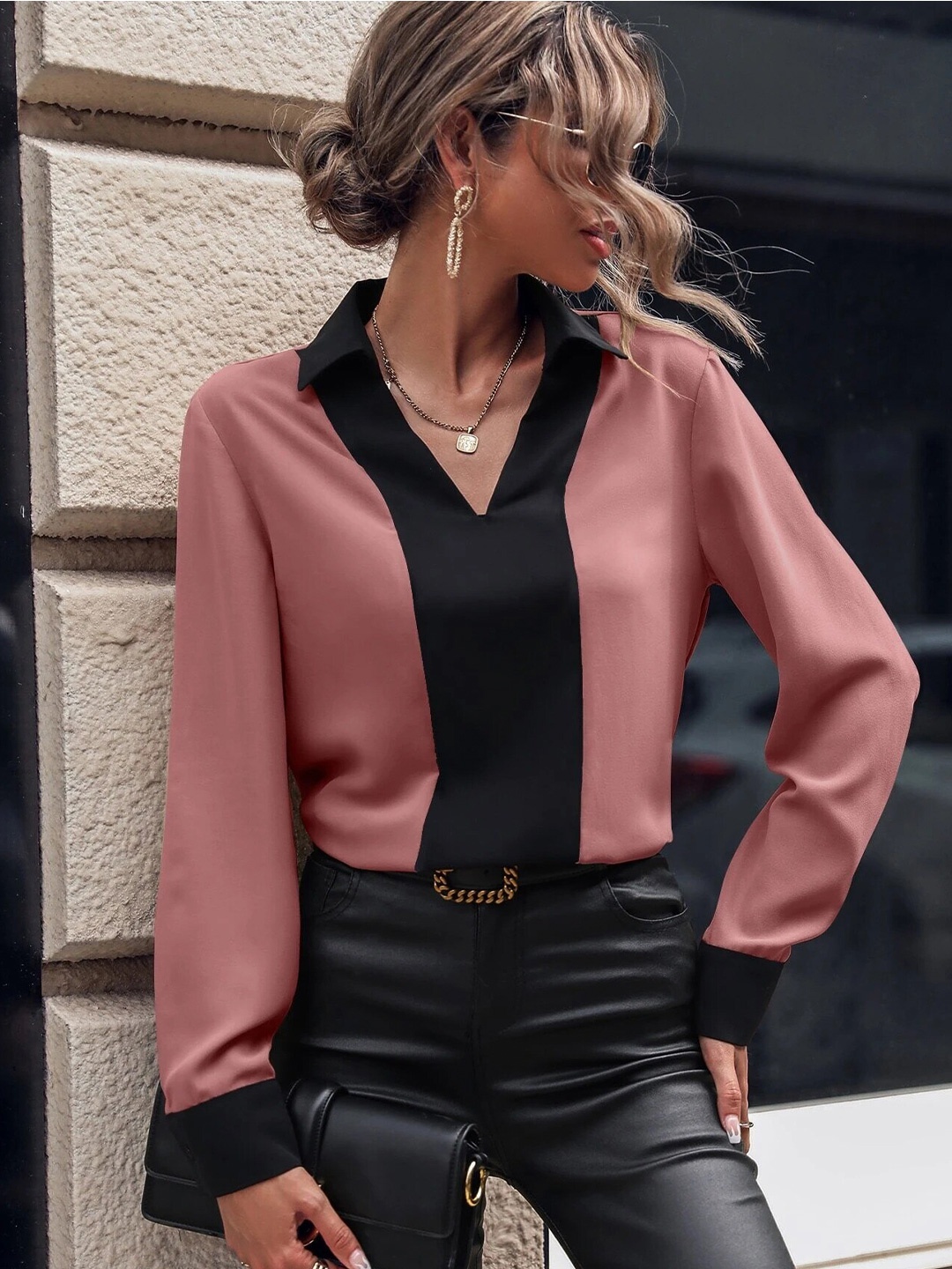 

Stylecast X Slyck Colour blocked Pattern Shirt Collar Cuffed Sleeves Top, Pink