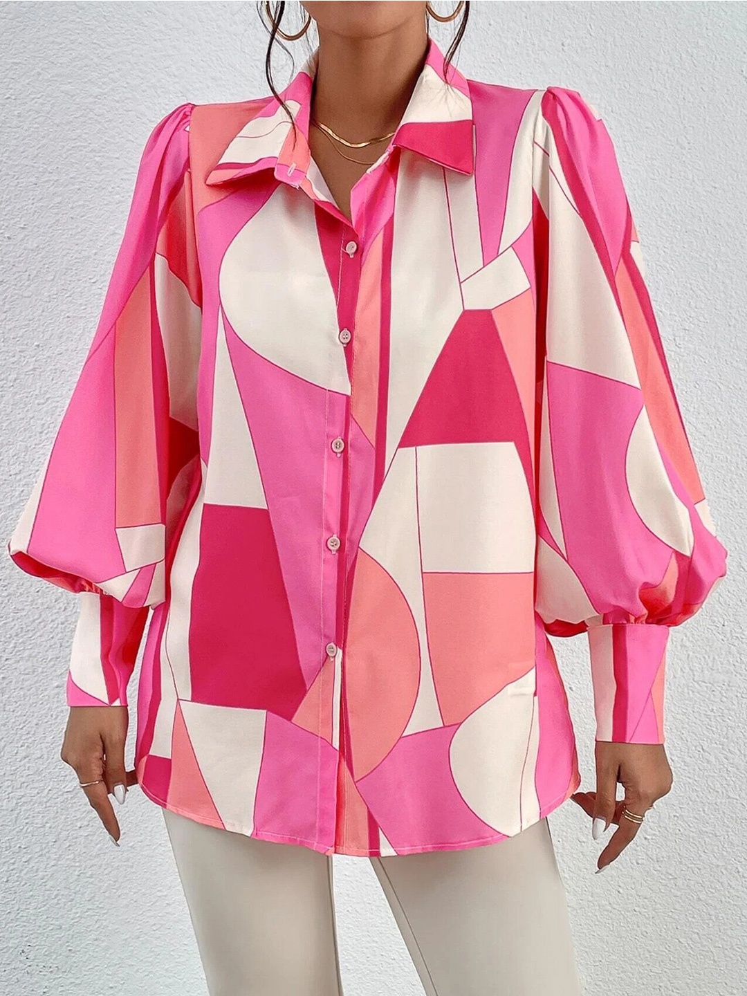 

Stylecast X Slyck Abstract Print Shirt Collar Bishop Sleeves Shirt Style Top, Pink