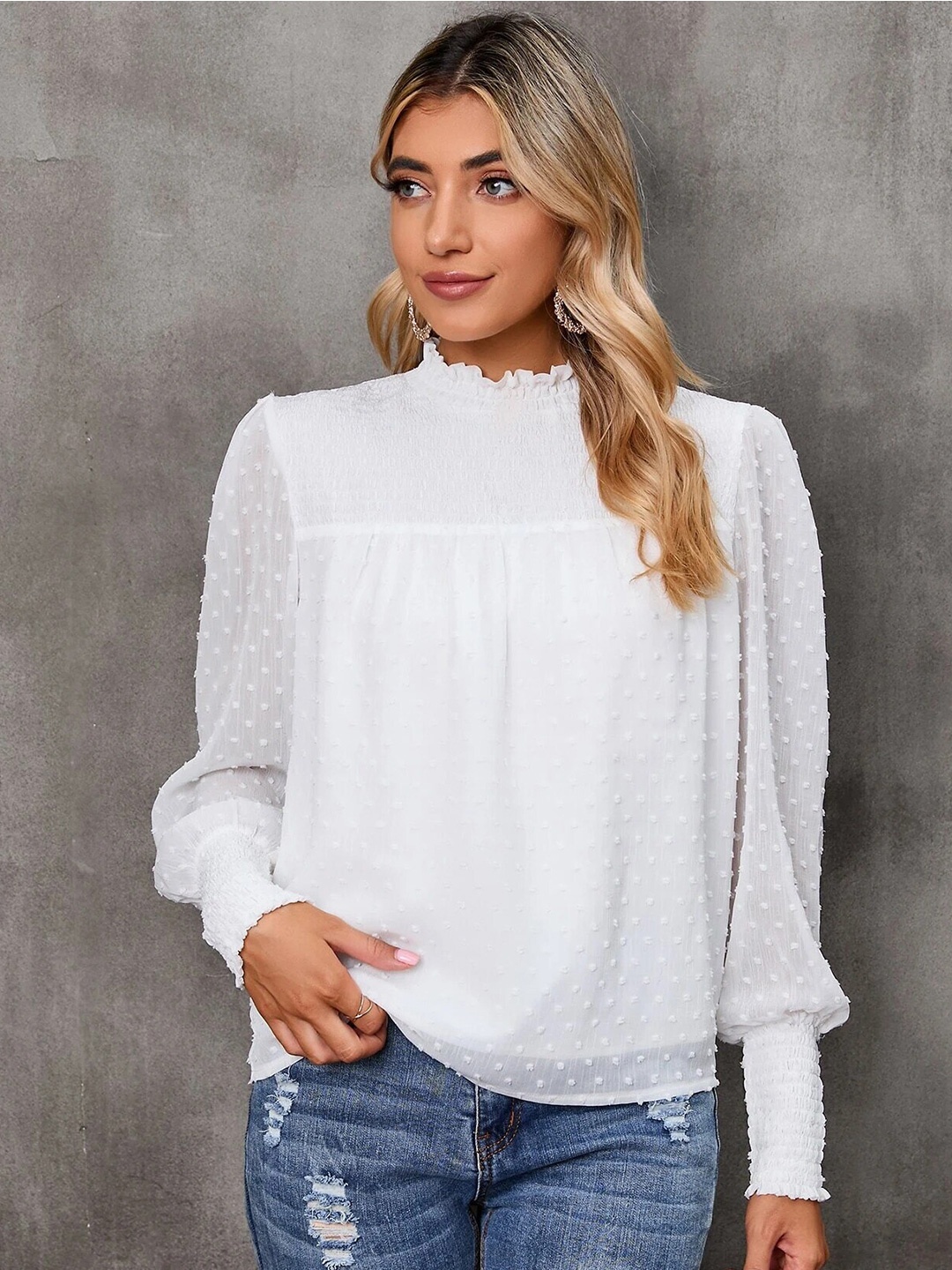 

Stylecast X Slyck Self Design High Neck Cuffed Sleeves Smocked Top, White