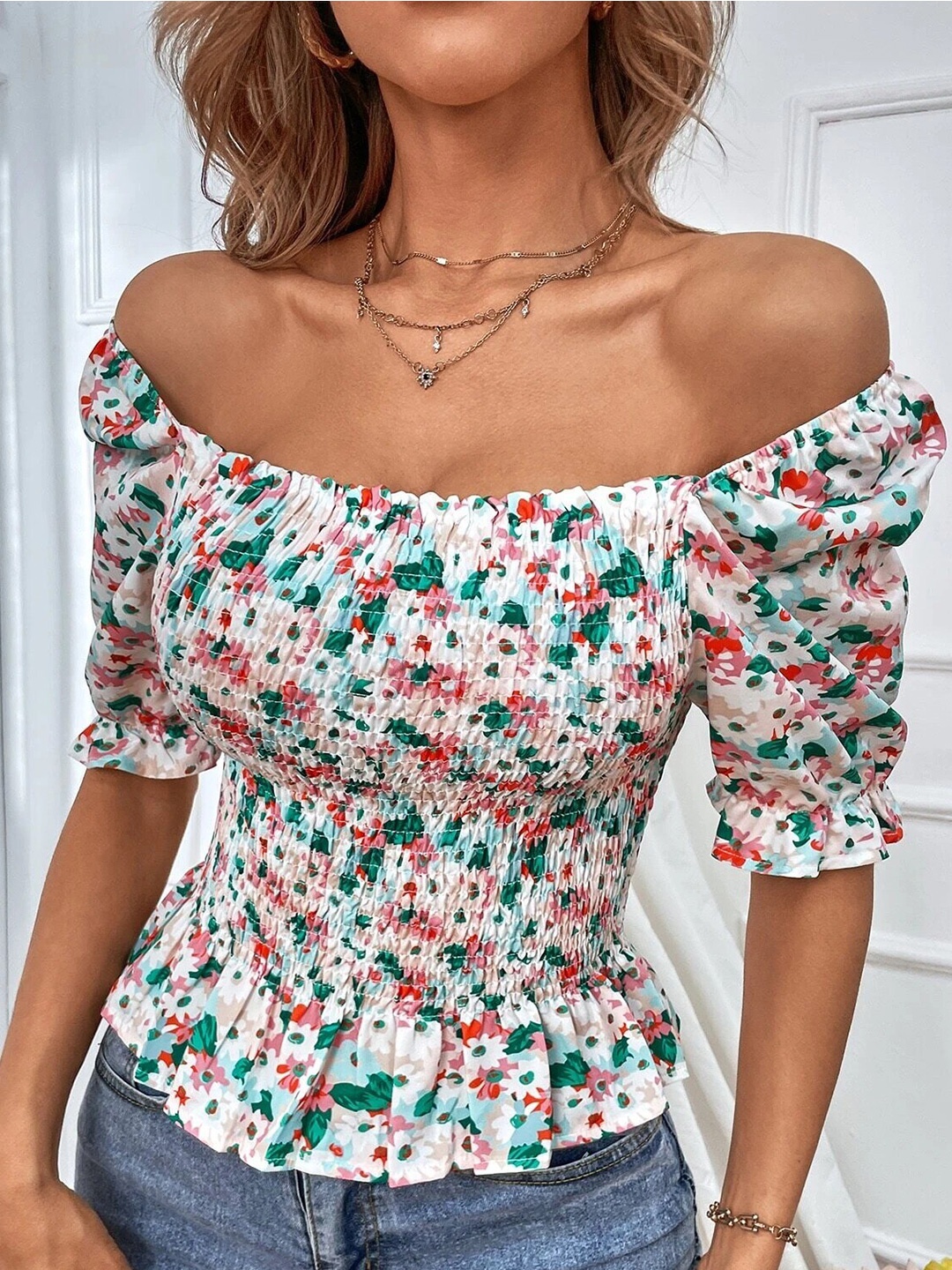 

Stylecast X Slyck Floral Print Off-Shoulder Puff Sleeve Smocked Bardot Top, White