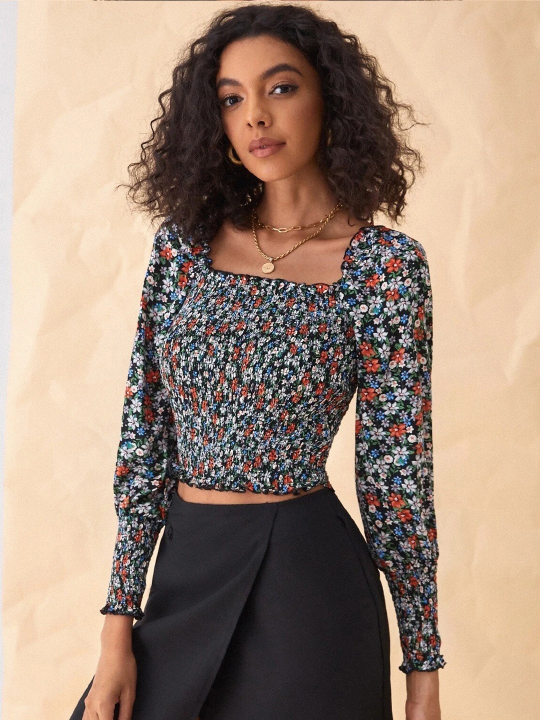 

Stylecast X Slyck Floral Printed Smocking Crop Top, Black