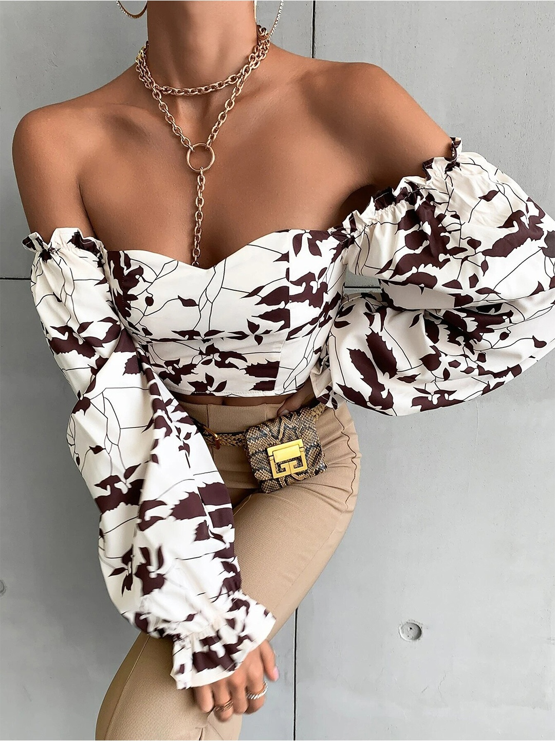 

Stylecast X Slyck Floral Printed Off-Shoulder Smocking Bardot Crop Top, Off white