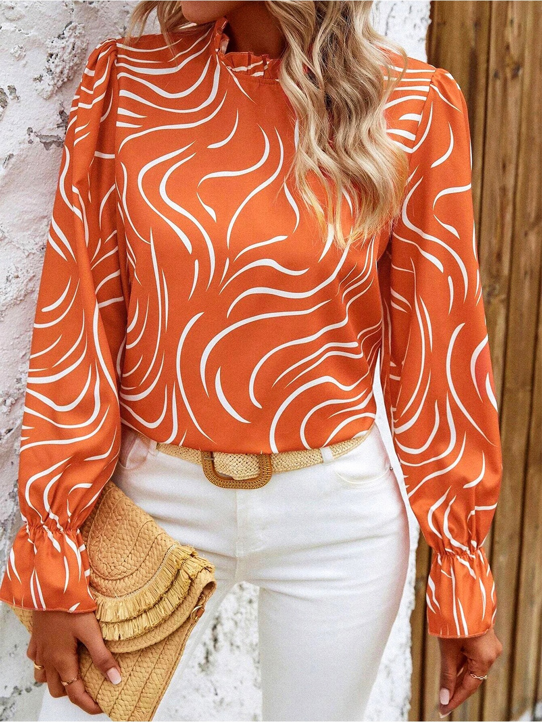 

Stylecast X Slyck Abstract Printed Cuffed Sleeve Ruffles Top, Orange