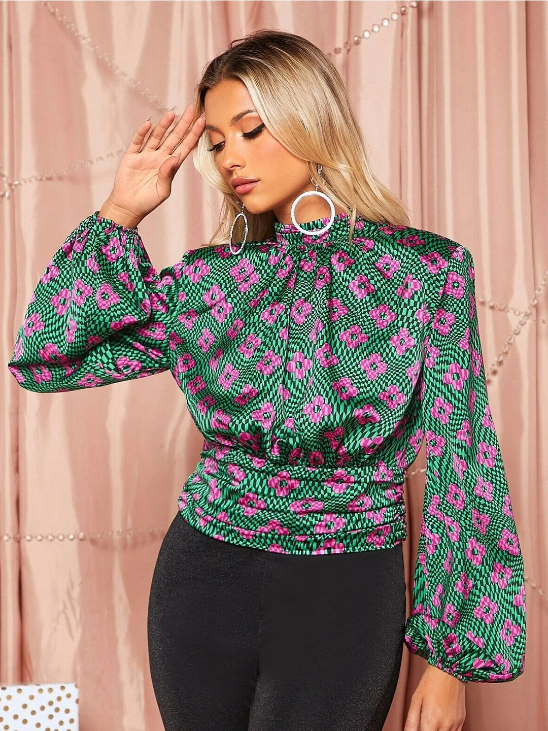 

Stylecast X Slyck Floral Printed High Neck Bishop Sleeves Tie-Ups Top, Green