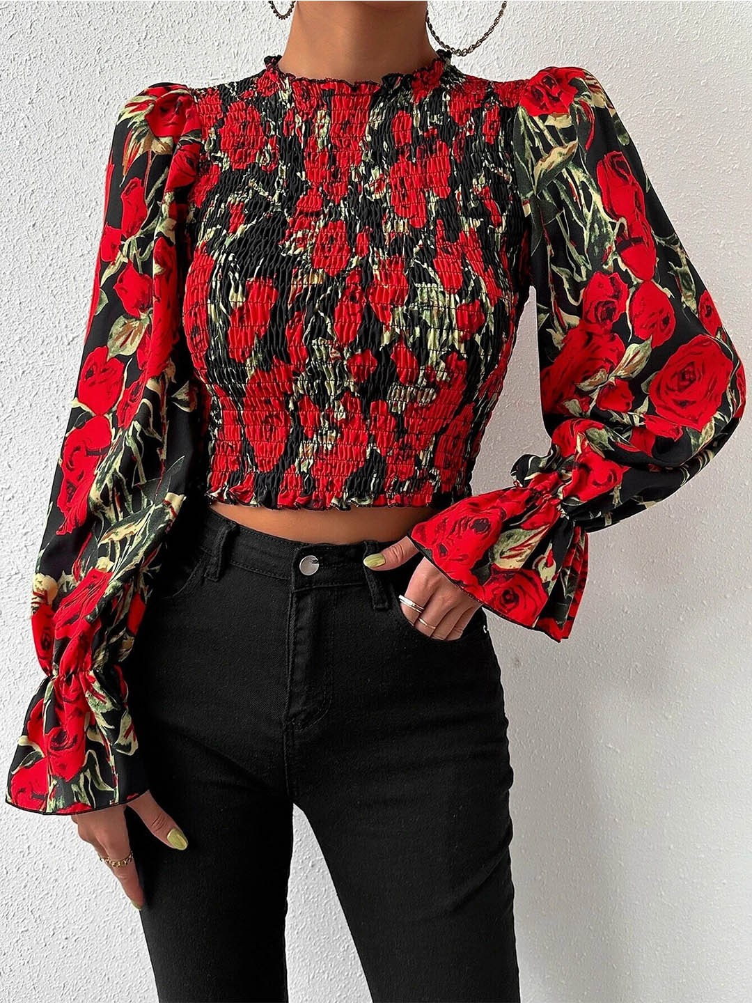 

Stylecast X Slyck Floral Printed Bell Sleeve Smocking Blouson Crop Top, Black
