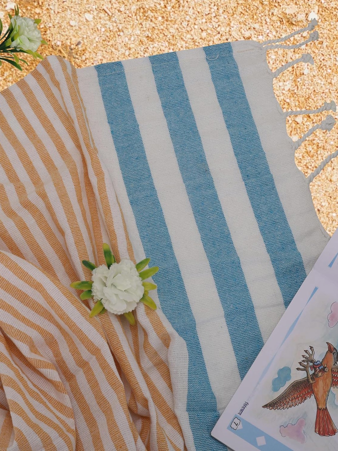 

Homerz Blue and Beige 2 Pieces Striped Printed Cotton 500 GSM Bath Towels