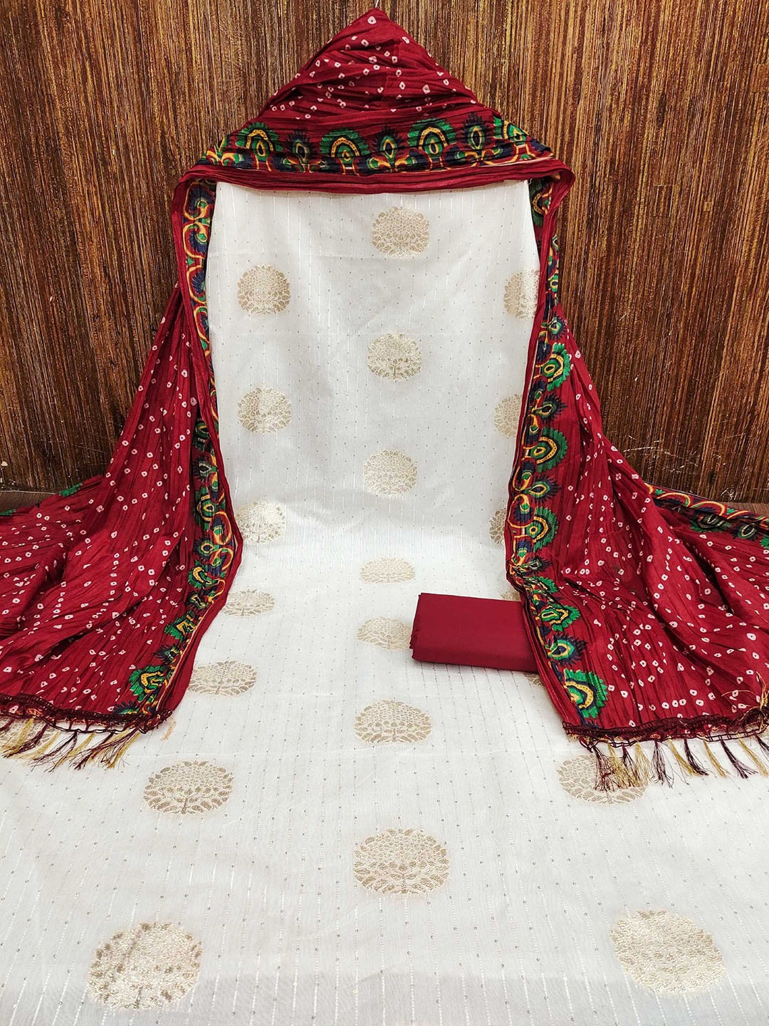 

KALINI Ethnic Motifs Woven Design Jacquard Unstitched Dress Material, White