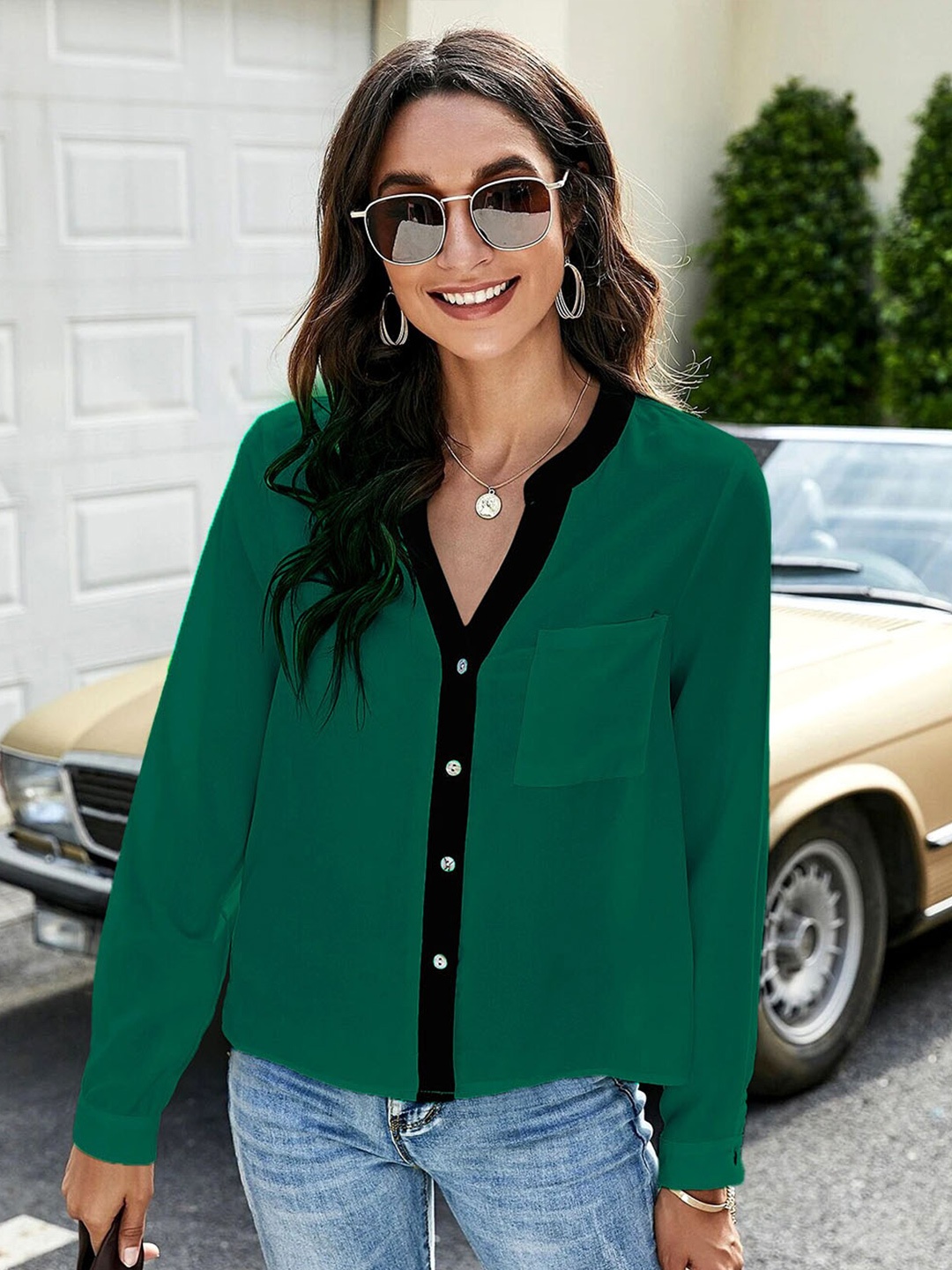 

Stylecast X Slyck Mandarin Collar Comfort Casual Shirt, Green