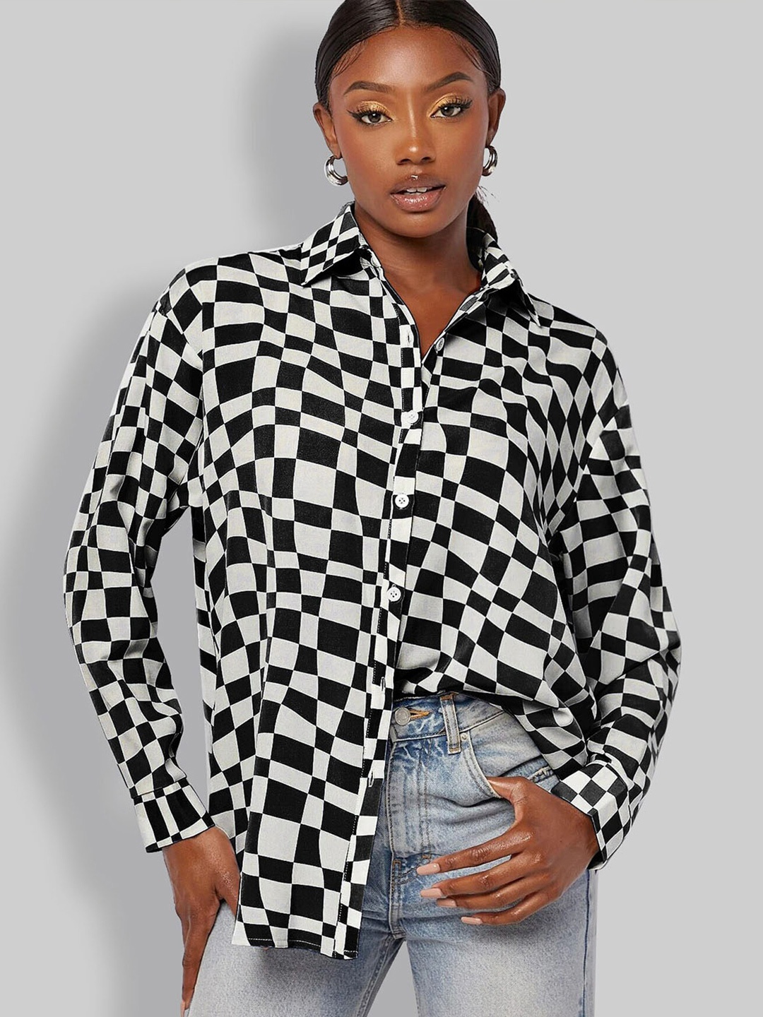 

Stylecast X Slyck Comfort Fit Geometric Printed Spread Collar Long Sleeves Casual Shirt, Black