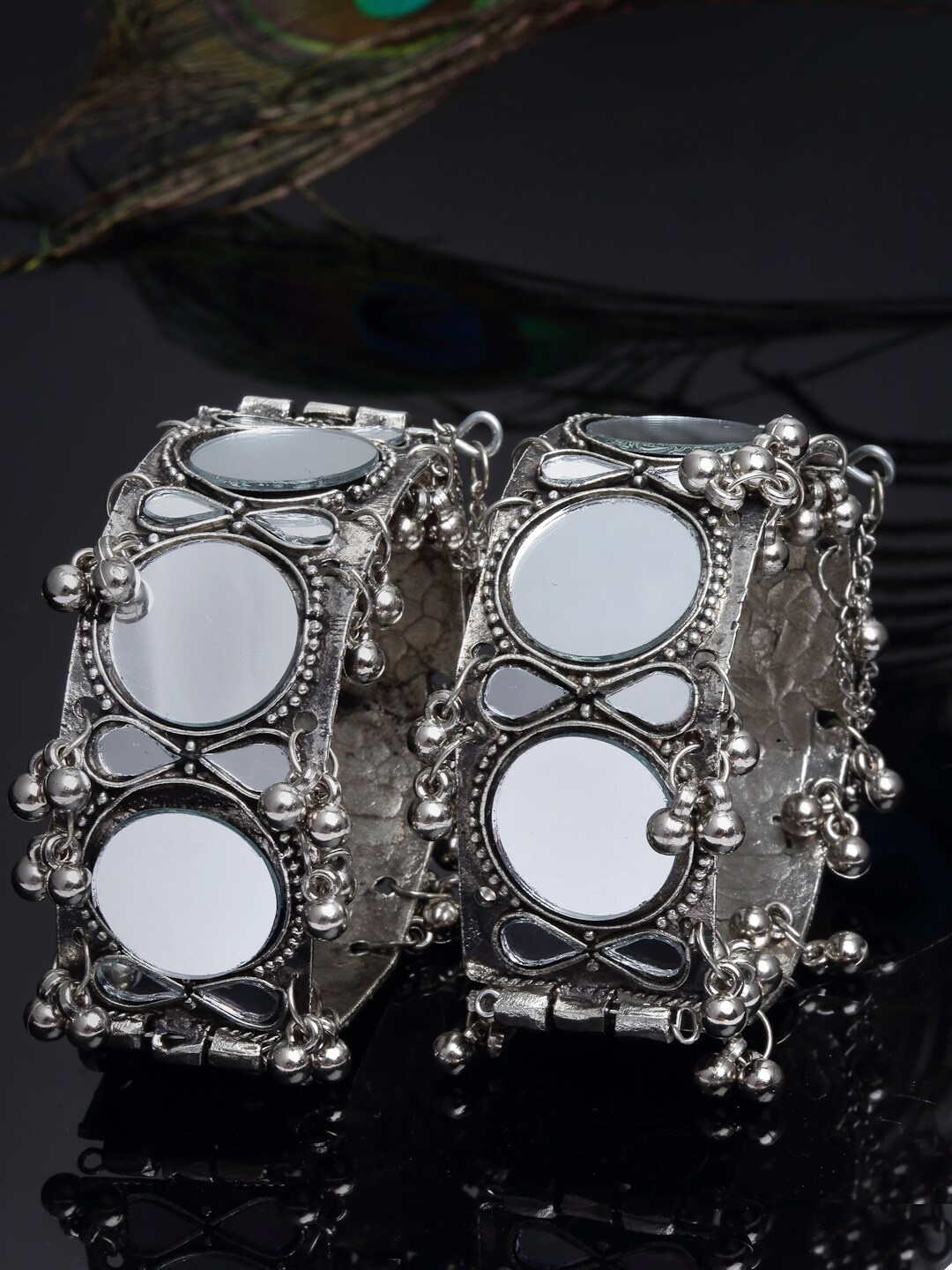 

CHUI MUI Set of 2 Silver-Plated Oxidised Mirror Ghunghroo Bangles
