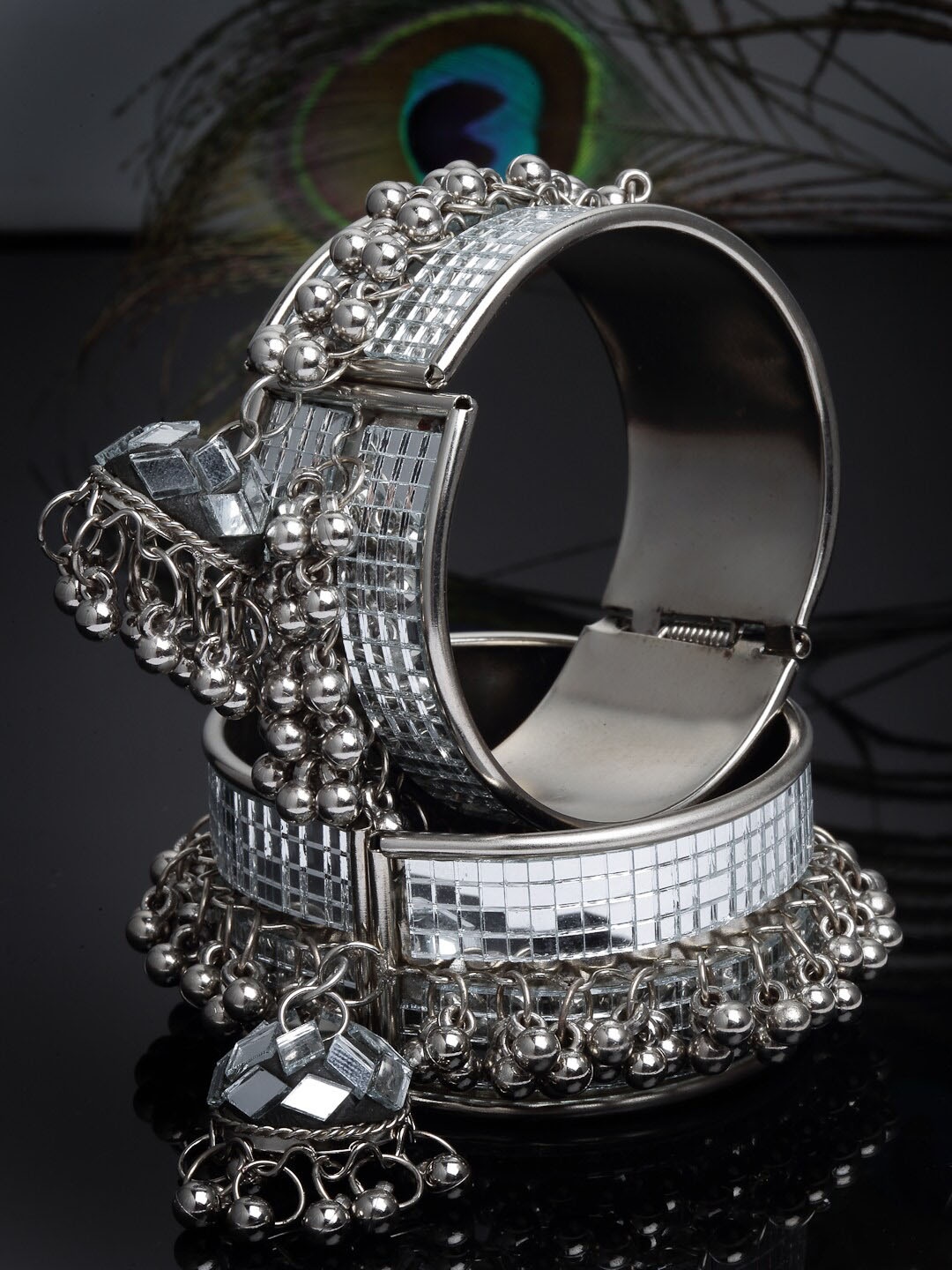 

CHUI MUI Set Of 2 Silver-Plated Mirror Studded & Beaded Oxidised Bangles
