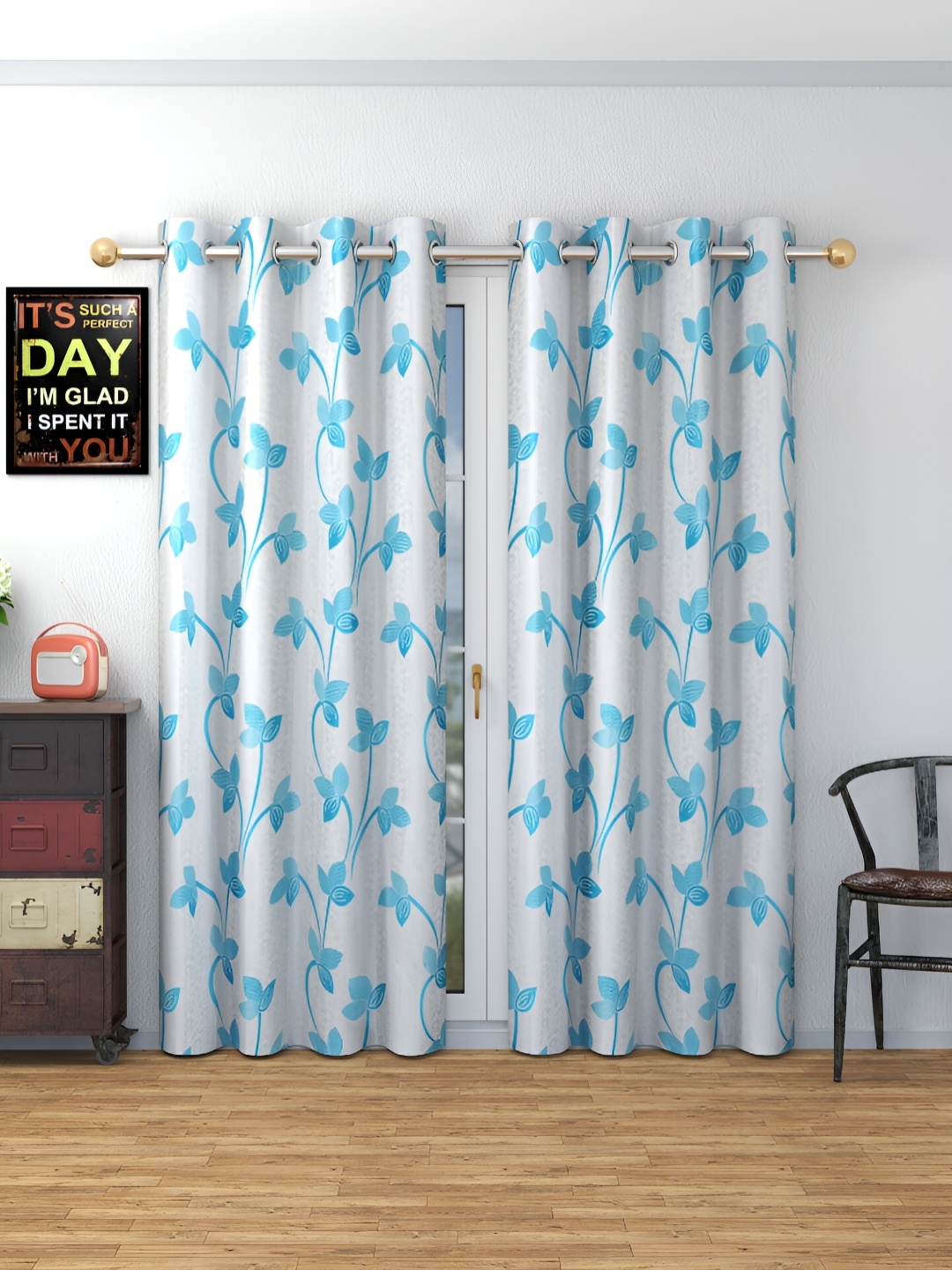 

Panipat Textile Hub Blue & White 2 Pcs Floral Room Darkening Door Curtain