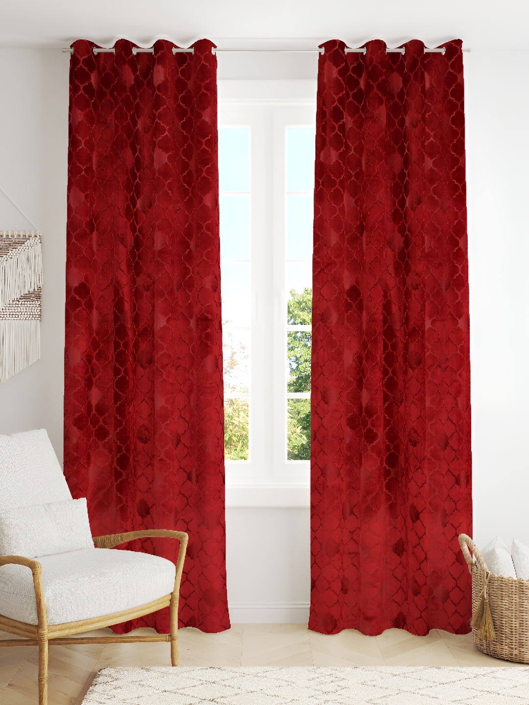 

Panipat Textile Hub Maroon 2 Pieces Ethnic Motifs Room Darkening Velvet Window Curtains